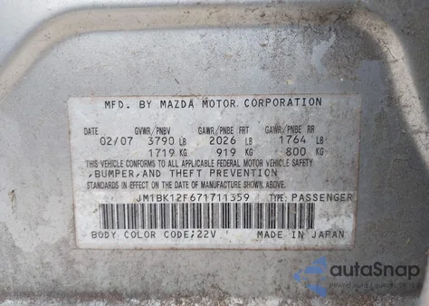 2007 Mazda Mazda3 I Sport from USA, damaged, VIN JM1BK12F671711359